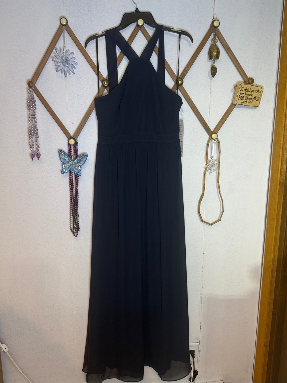 Bill Levkoff Navy Crisscross Halter Maxi Dress